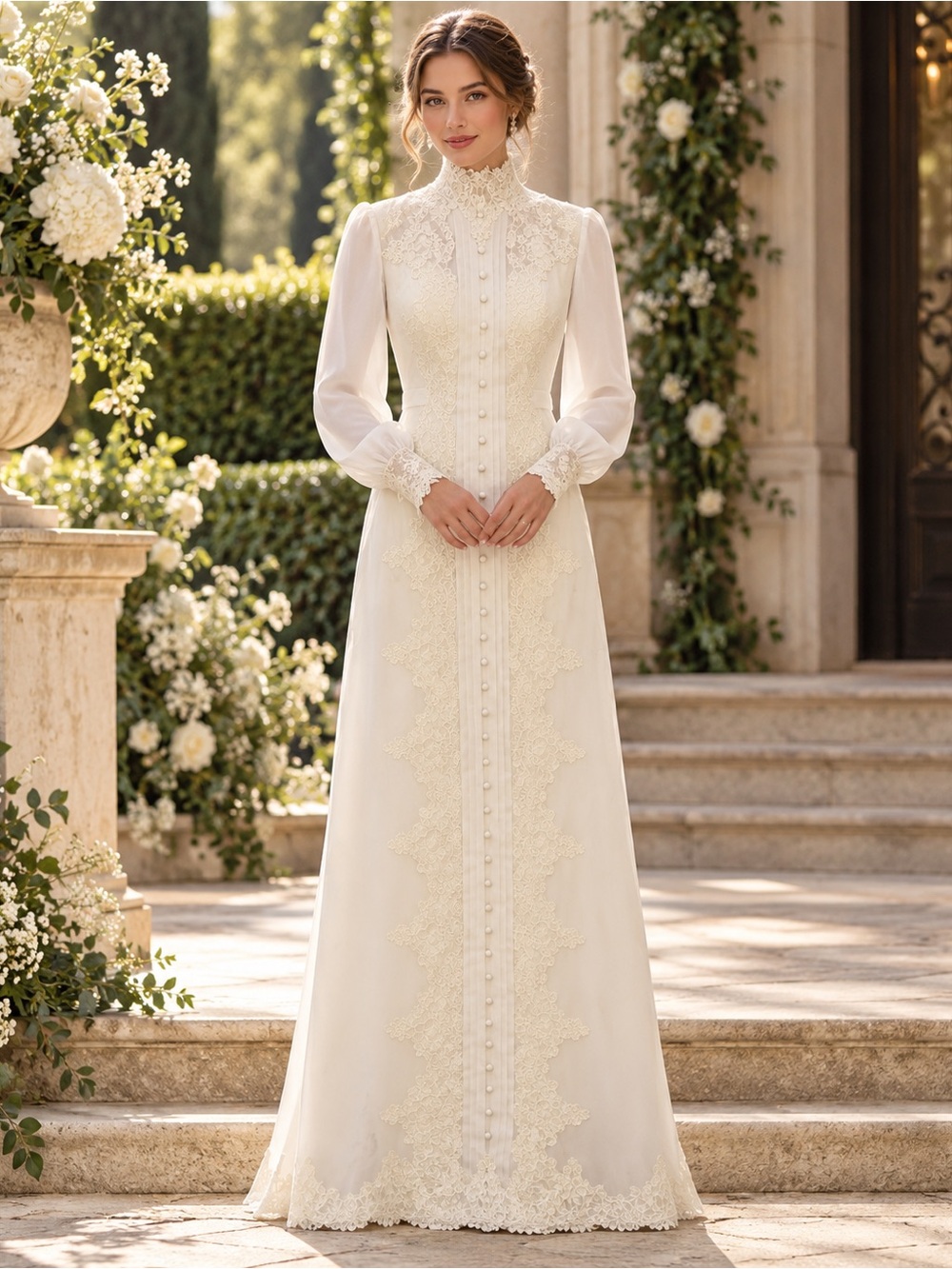 Vintage “J10” Ivory Lace High-Neck Long Sleeve Wedding Dress